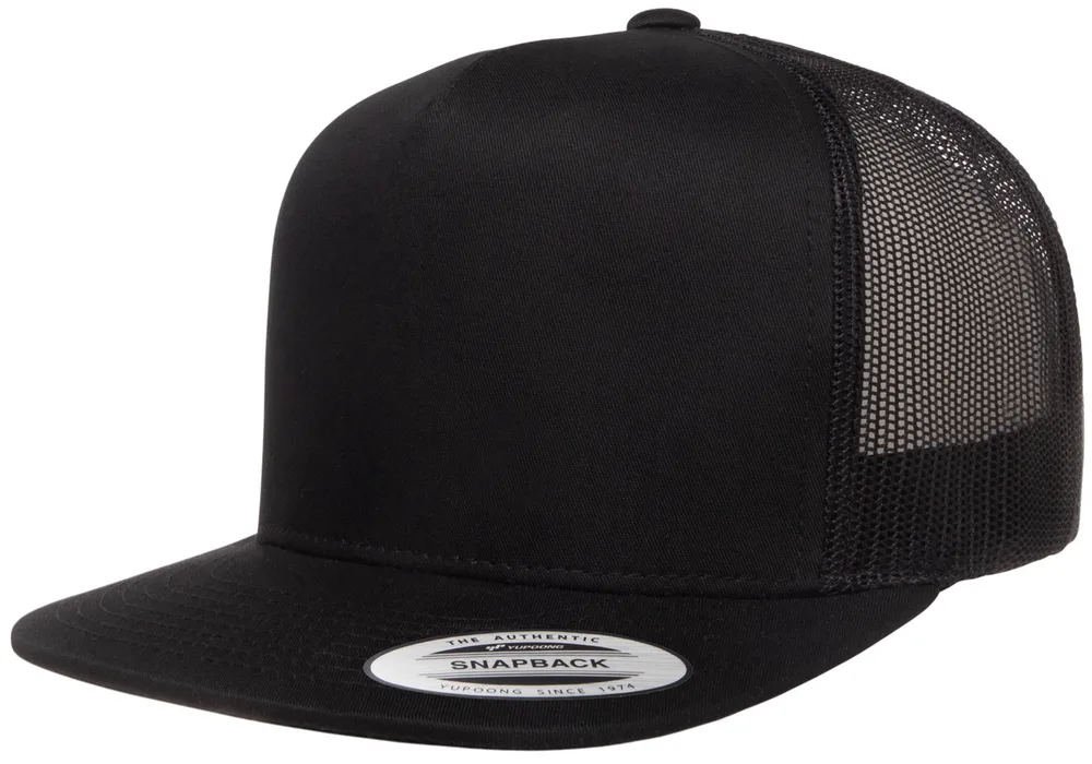 Yupoong 5 Panel Flat Peak Snap Back Trucker Cap